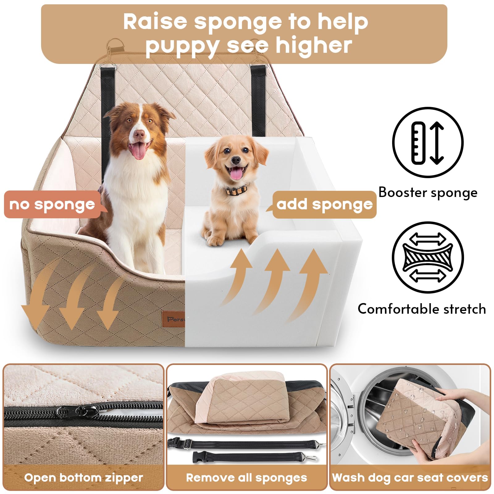 Persure dog car seat measures 28 x 20 x 12.5 inches for roomy fit.
