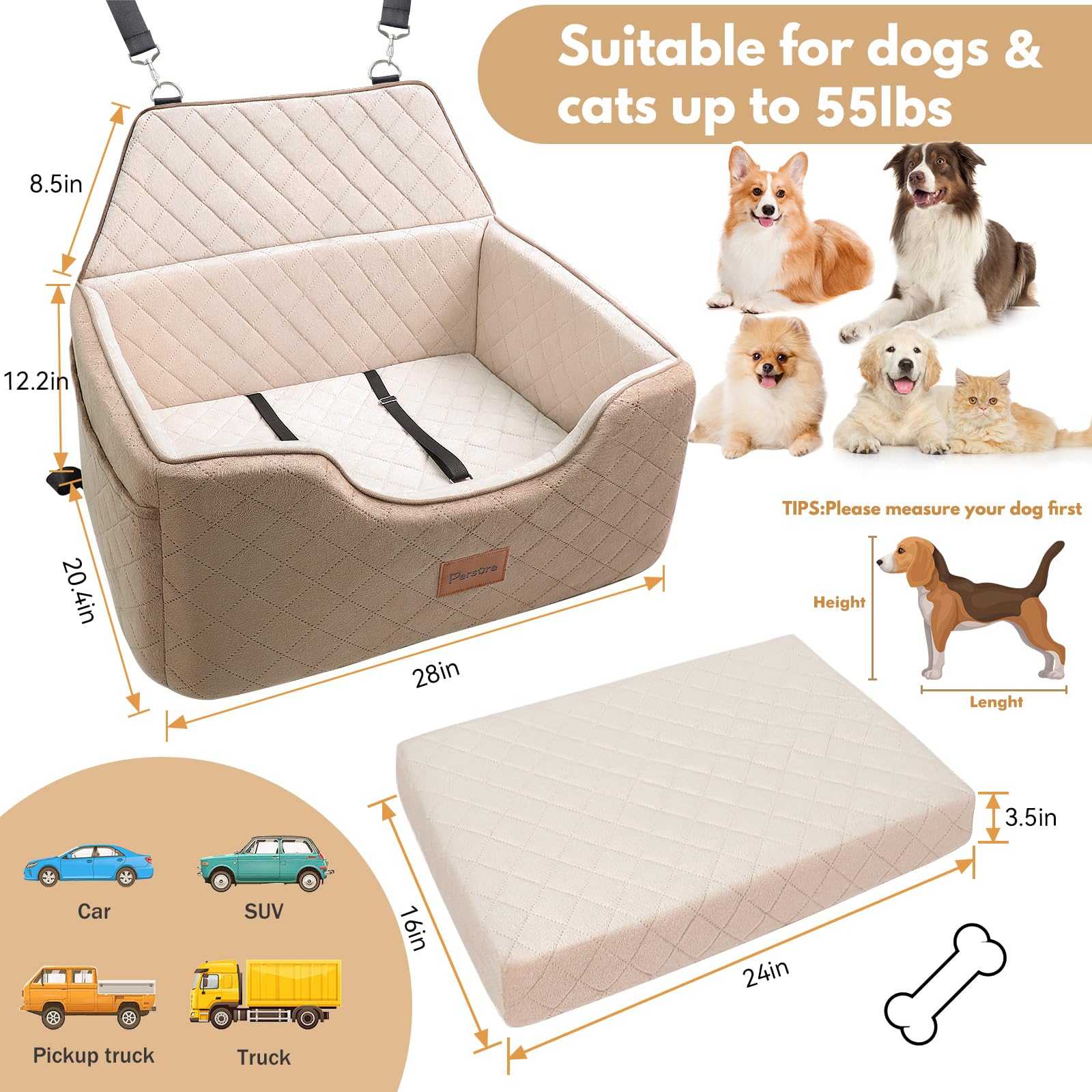 Persure dog car seat universal-fit-vehicles works with most cars, trucks, and SUVs.