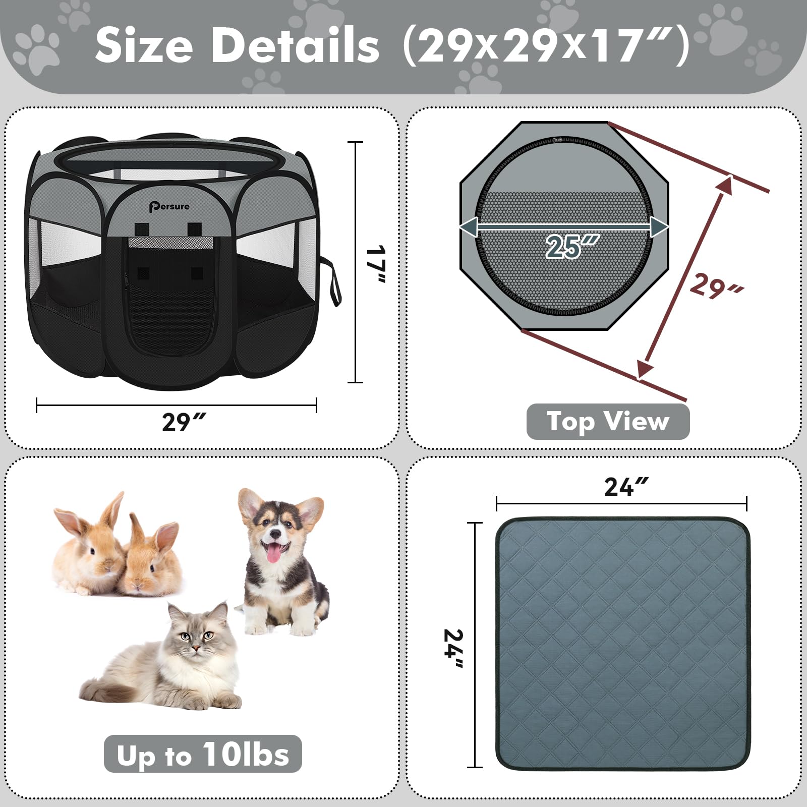 Persure dog-cat playpen uses durable materials with reinforced seams for lasting use.