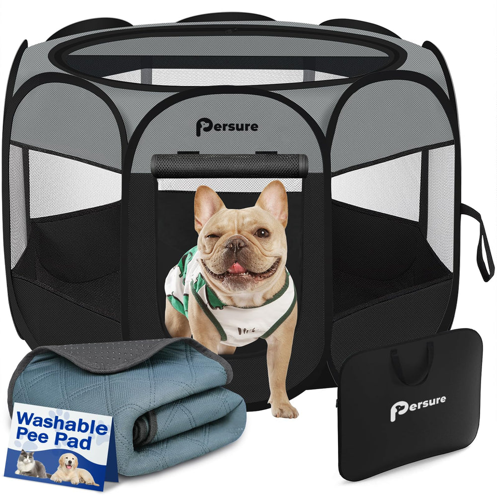 Persure dog-cat playpen folded in its carry bag for easy travel storage.