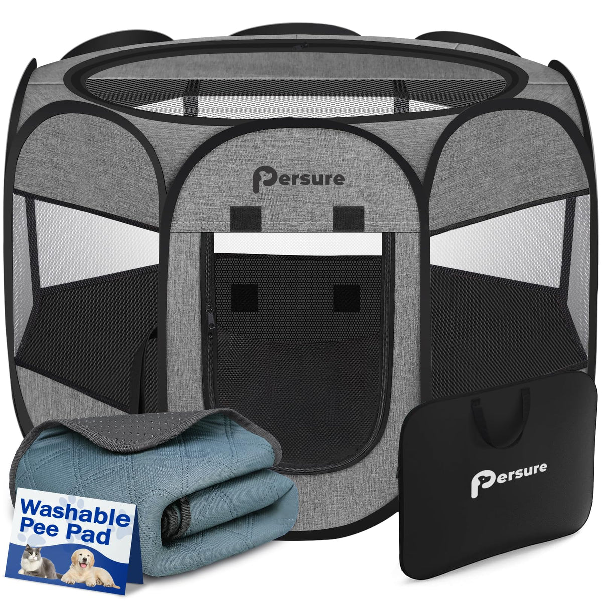 Persure dog-cat playpen front view with pad, safe breathable space.