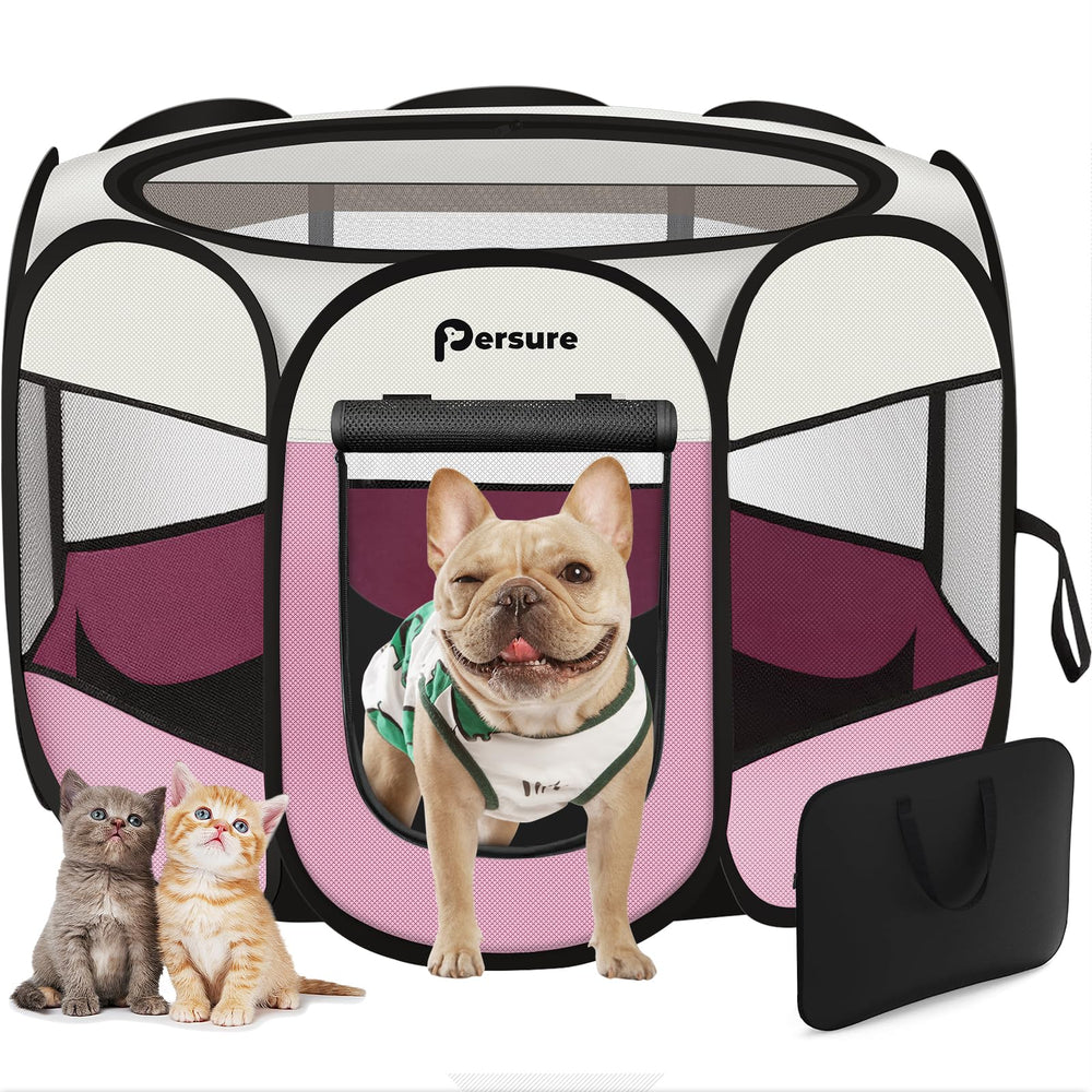 Persure dog-cat playpen setup demonstrates quick, portable containment for indoor or outdoor use.