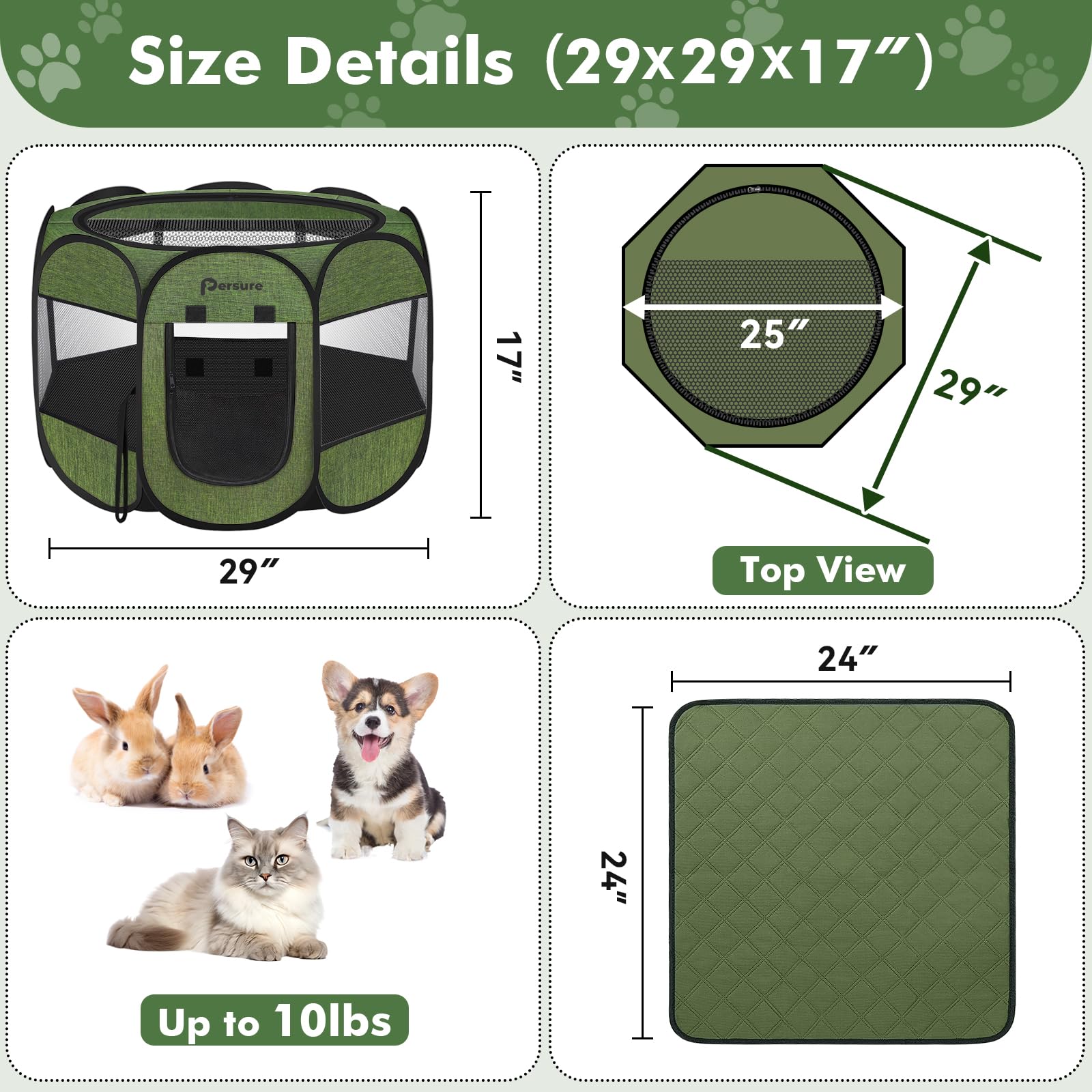 Persure dog-cat playpen small green interior with pad showcases cozy, cleanable space