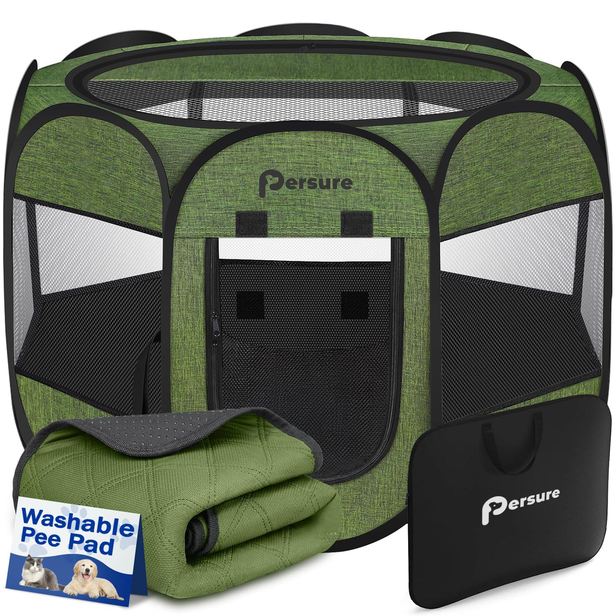 Persure dog-cat playpen small green side view showing sturdy enclosure for pets
