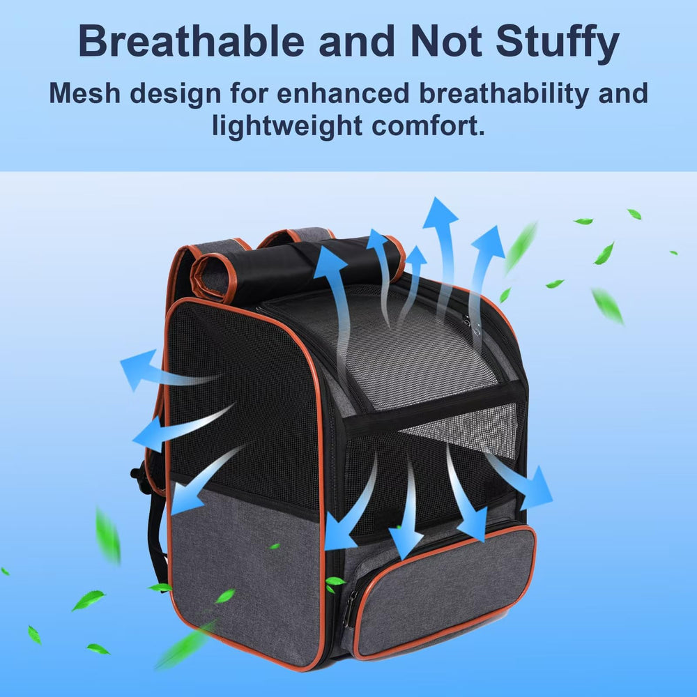 Pesen cat backpack carrier airline-fit image emphasizes under-seat compatibility for travel.