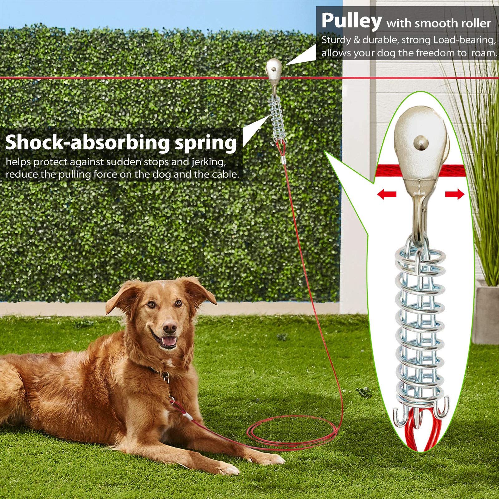 Pestairs dog-runner-cable-10ft close-up shows smooth operation for extended outdoor runs.
