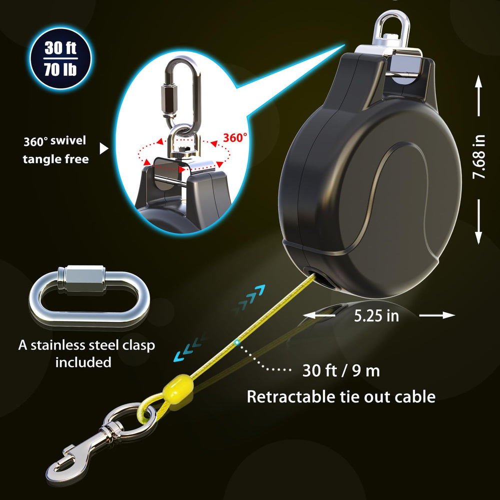 Pestairs dog tie out reel in-use with aerial trolley for secure setup.
