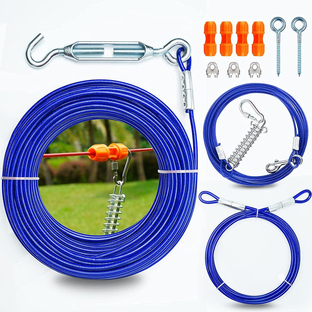 Pestairs patented two-dogs trolley system in yard setup for safe exploration.