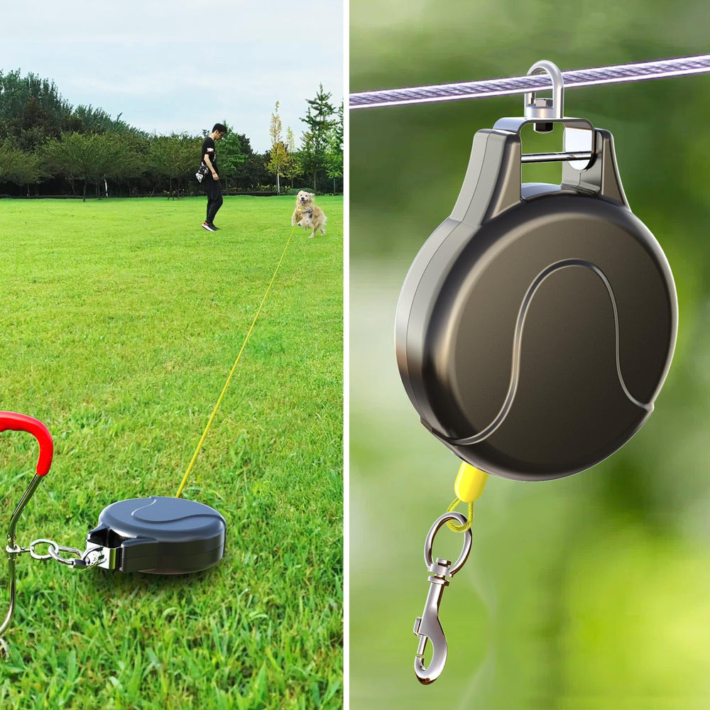 Pestairs retractable dog leash showing smooth lock and 30-foot extendable reach.