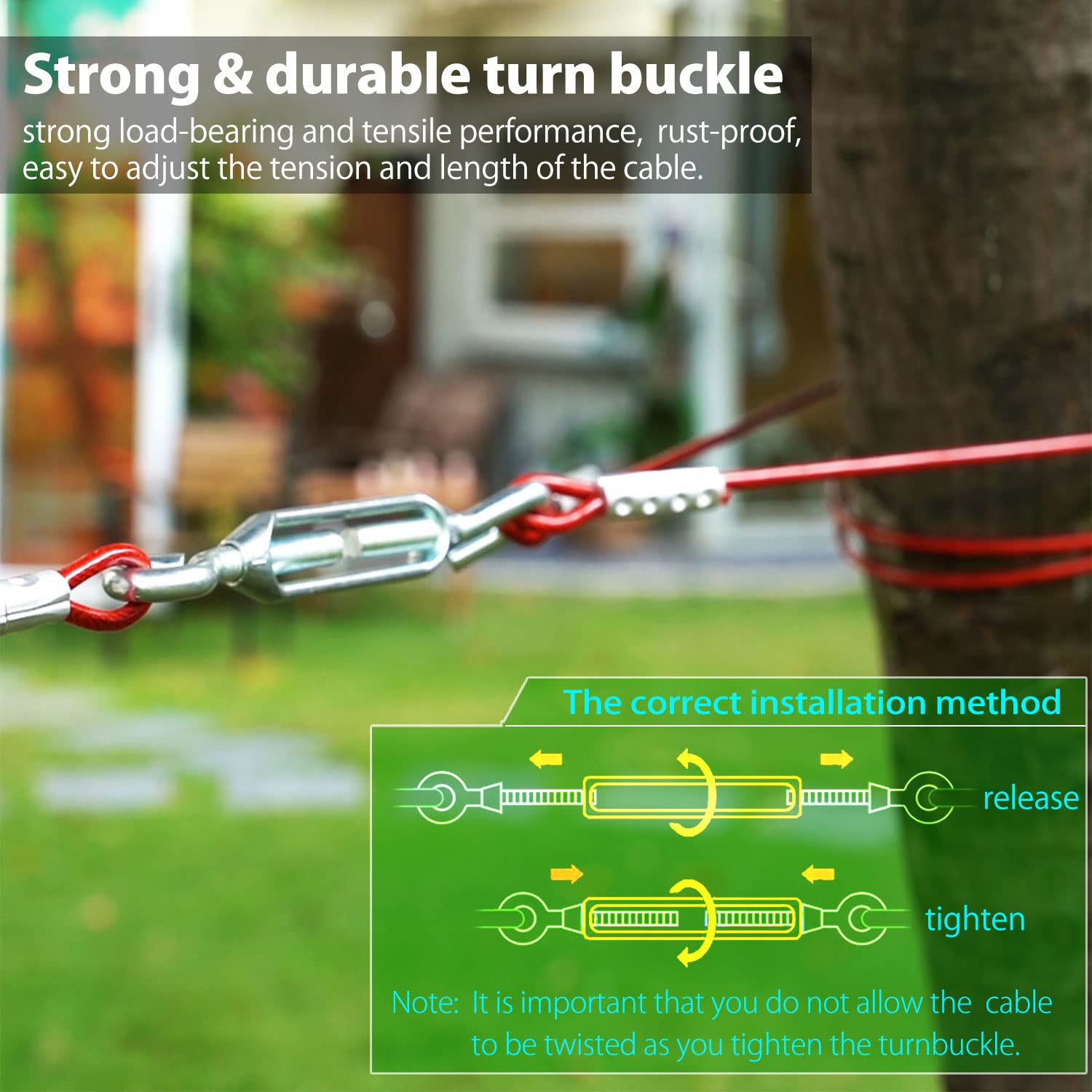 Pestairs side-cable-install-between-trees demonstrates tool-free, tree-friendly setup.