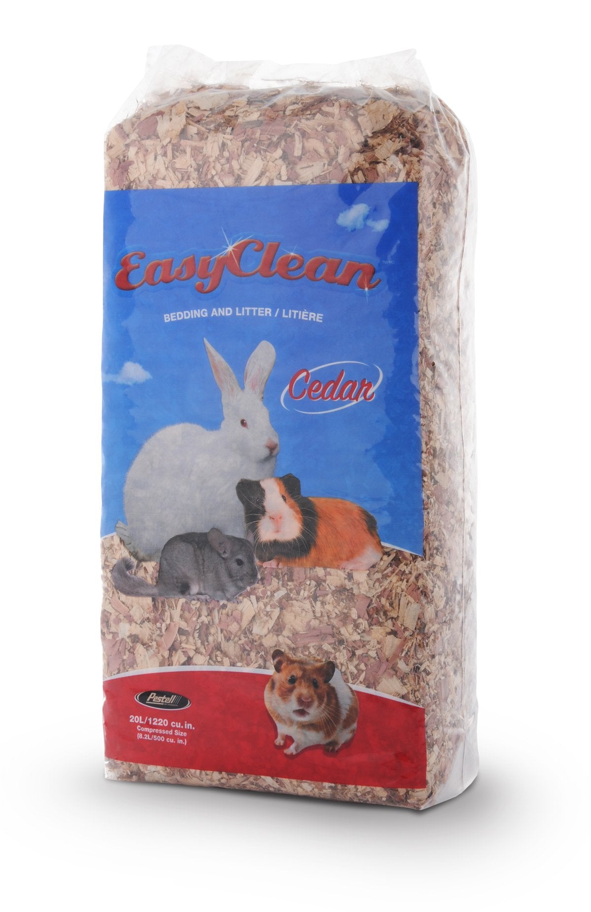 Pestell Easy Clean Cedar Bedding 20L bag highlights cedar aroma for natural nesting comfort.