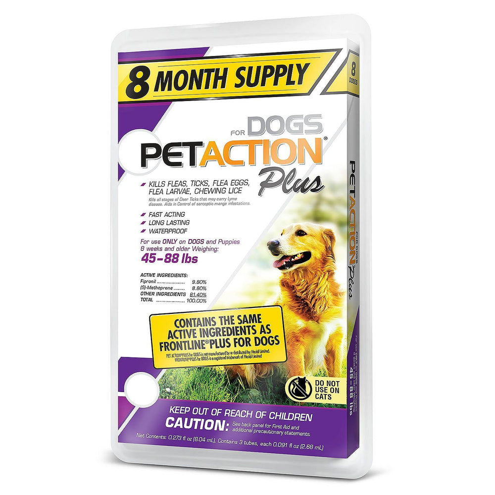Pet Action Plus for Dogs 8 Doses box protects your dog from fleas and eggs.