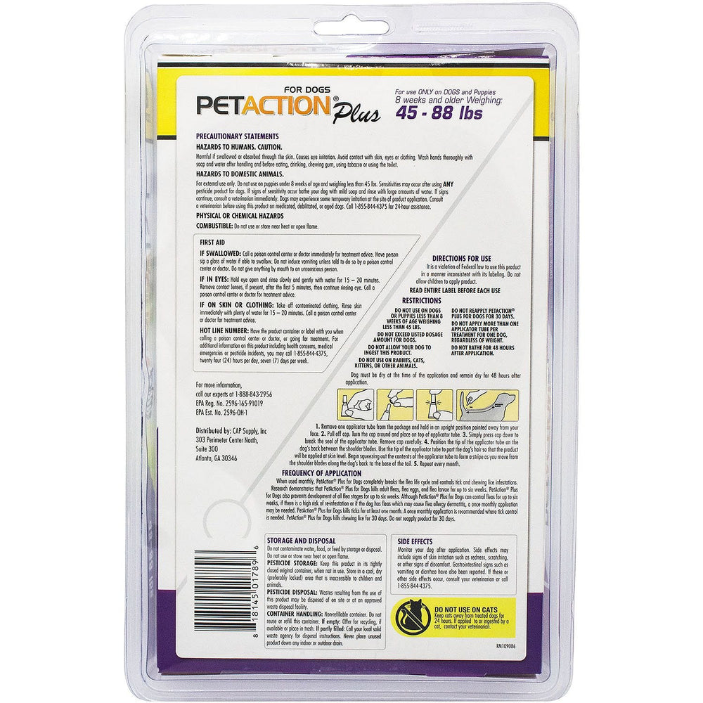 Pet Action Plus for Dogs tube application demonstrates monthly protection against fleas.