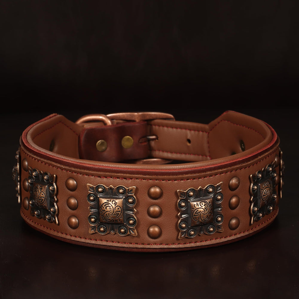 PET ARTIST 2-inch wide brown leather collar provides even pressure distribution