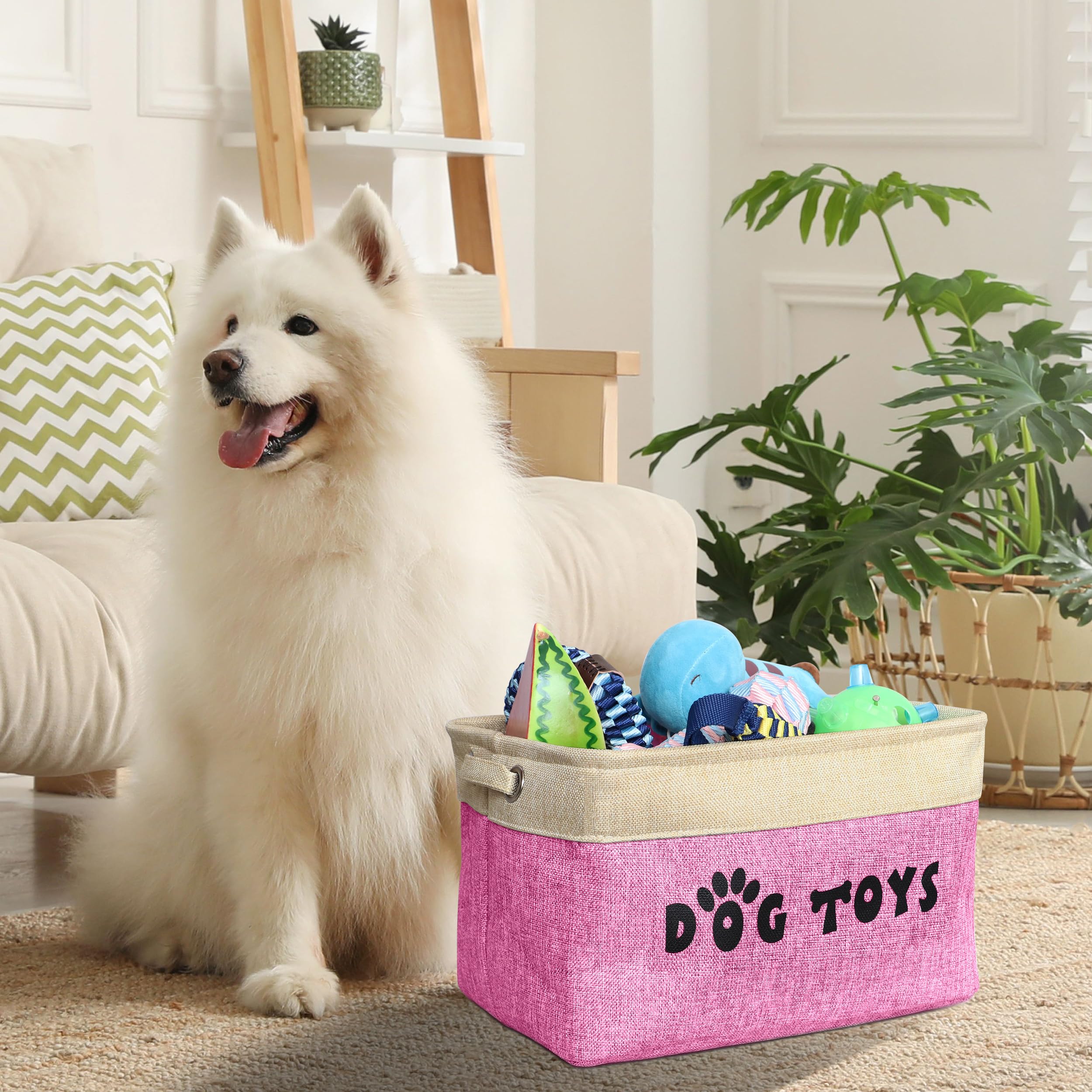 PET ARTIST dog toy basket with handles for easy transport and quick cleanup.
