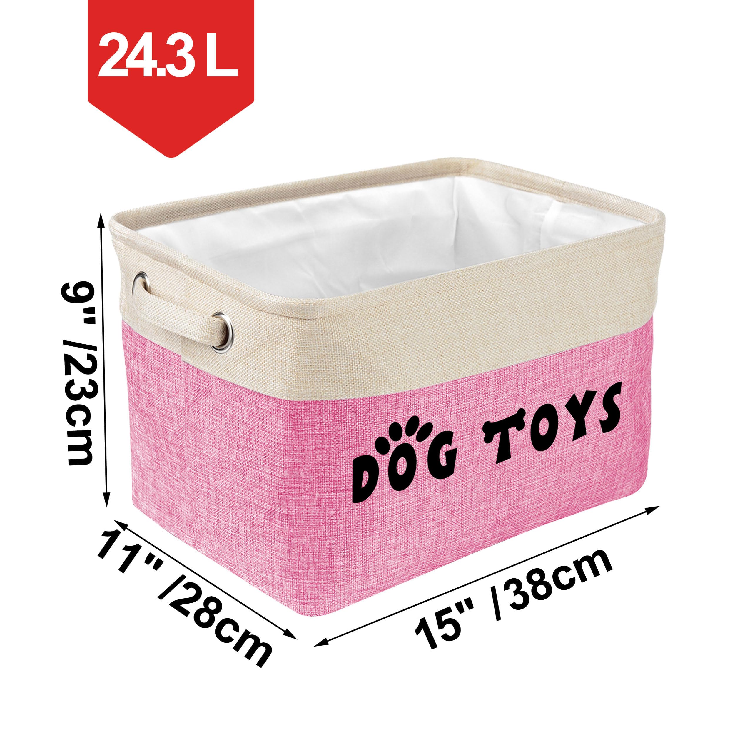 PET ARTIST pink dog toy bin complements living room decor while organizing items.