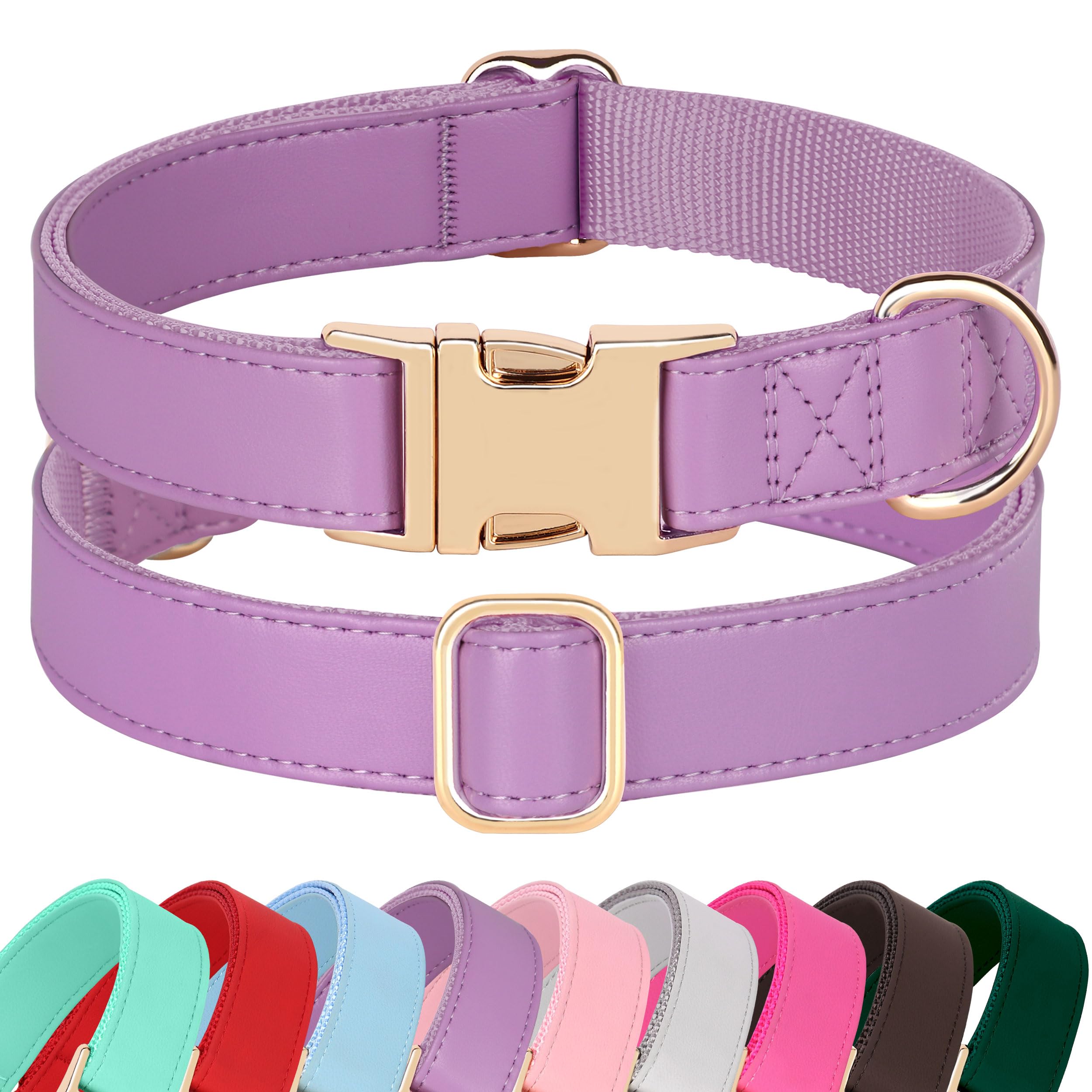 PET ARTIST PU leather dog collar purple buckle closeup highlights durable hardware for daily wear