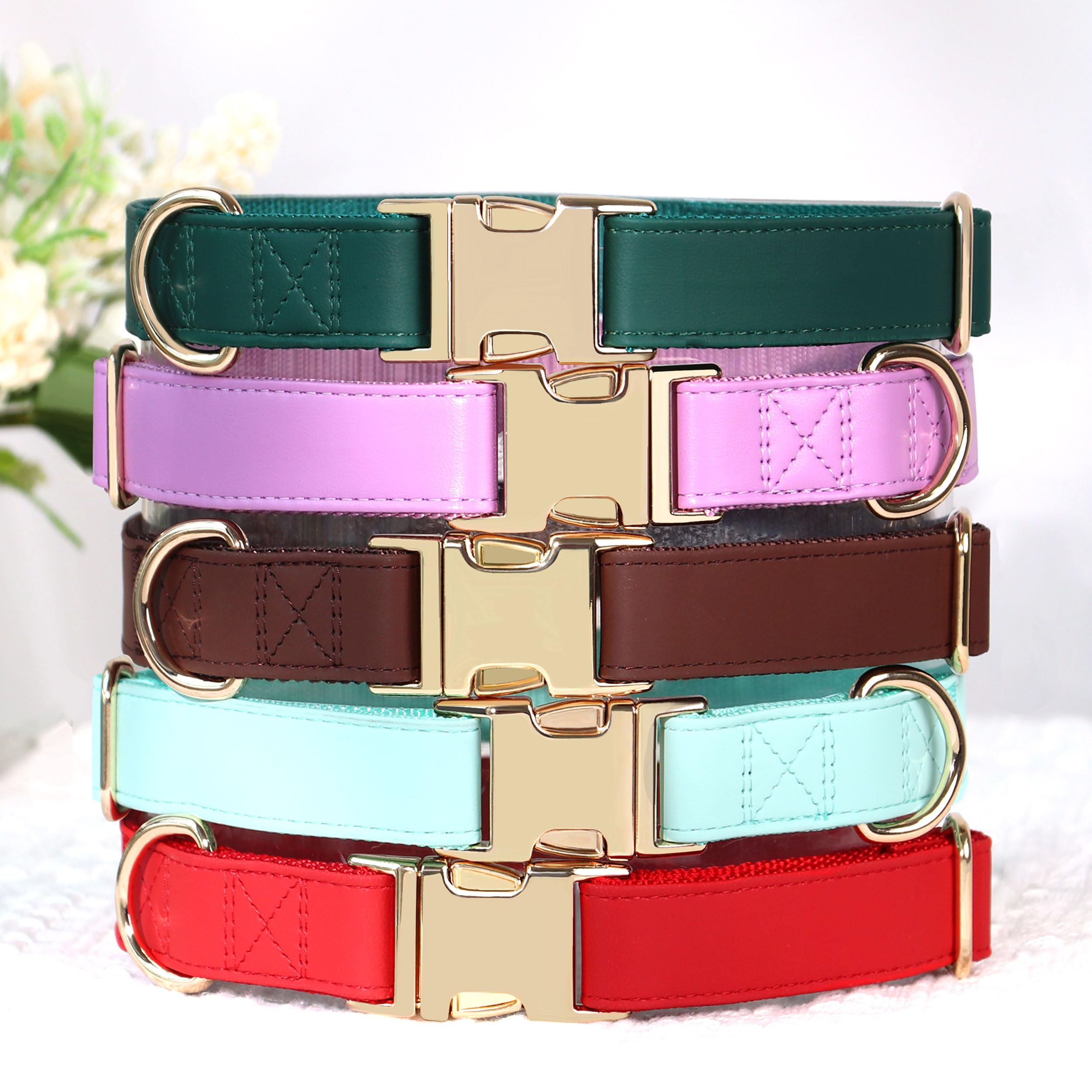 PET ARTIST PU leather dog collar purple worn by model to show style and versatility