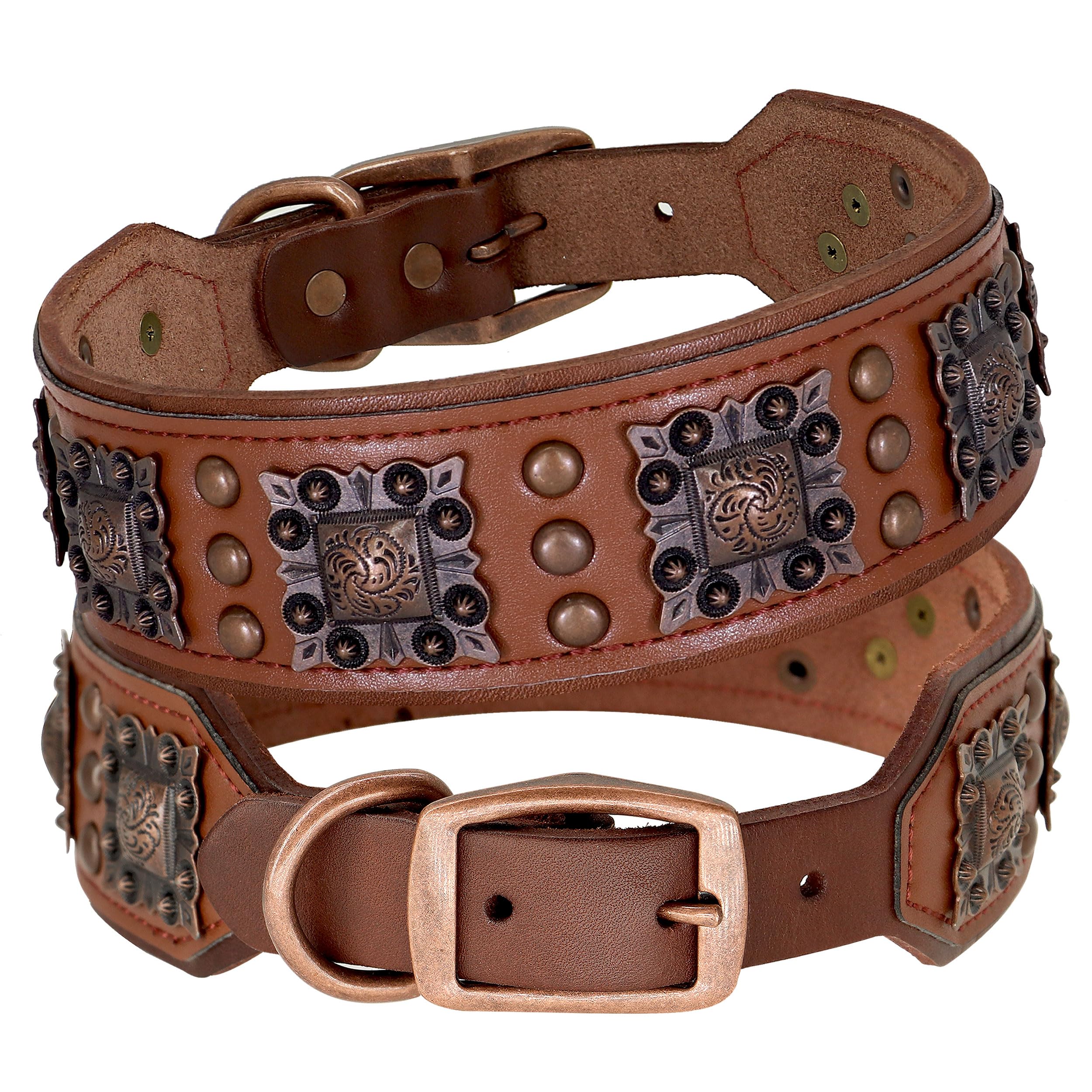 PET ARTIST stylish leather dog collar front view showing rivets and brown finish for durability