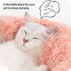 Pet bed anti-anxiety round faux fur highlights calming, secure sleep for pets.