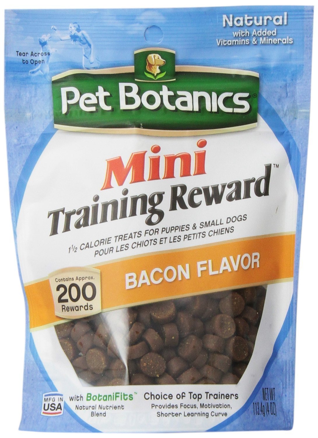 Pet Botanics Mini Training Rewards bacon treats for quick rewards.