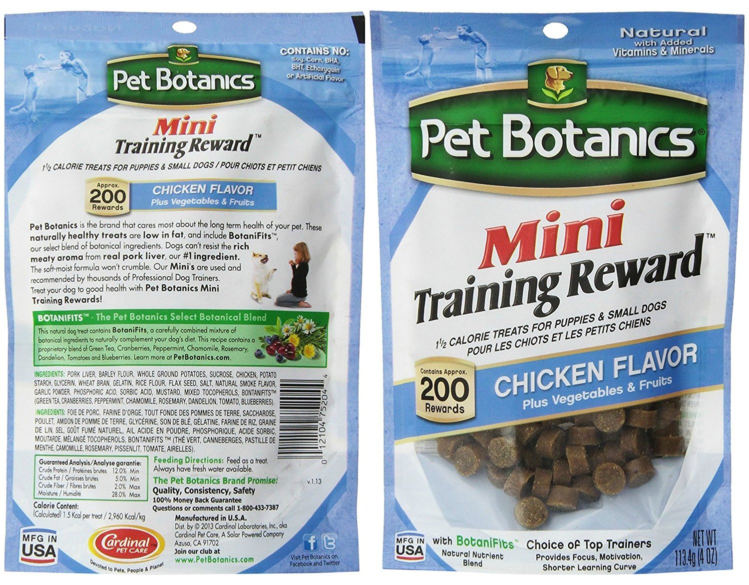Pet Botanics Mini Training Rewards chicken treats in pocket-friendly packaging.