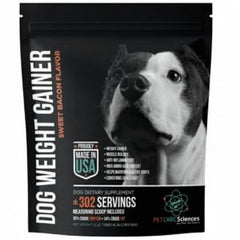 PET CARE Sciences dog weight gainer bottle shows a protein-rich formula for healthier muscle support.