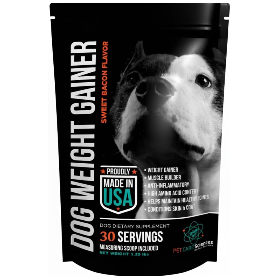 PET CARE Sciences dog weight gainer bottle label highlights USA-made formula for healthy growth