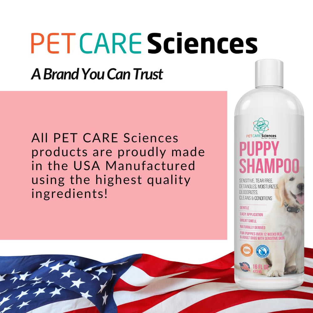 PET CARE Sciences Hypoallergenic label communicates gentle, skin-friendly dog shampoo benefits.