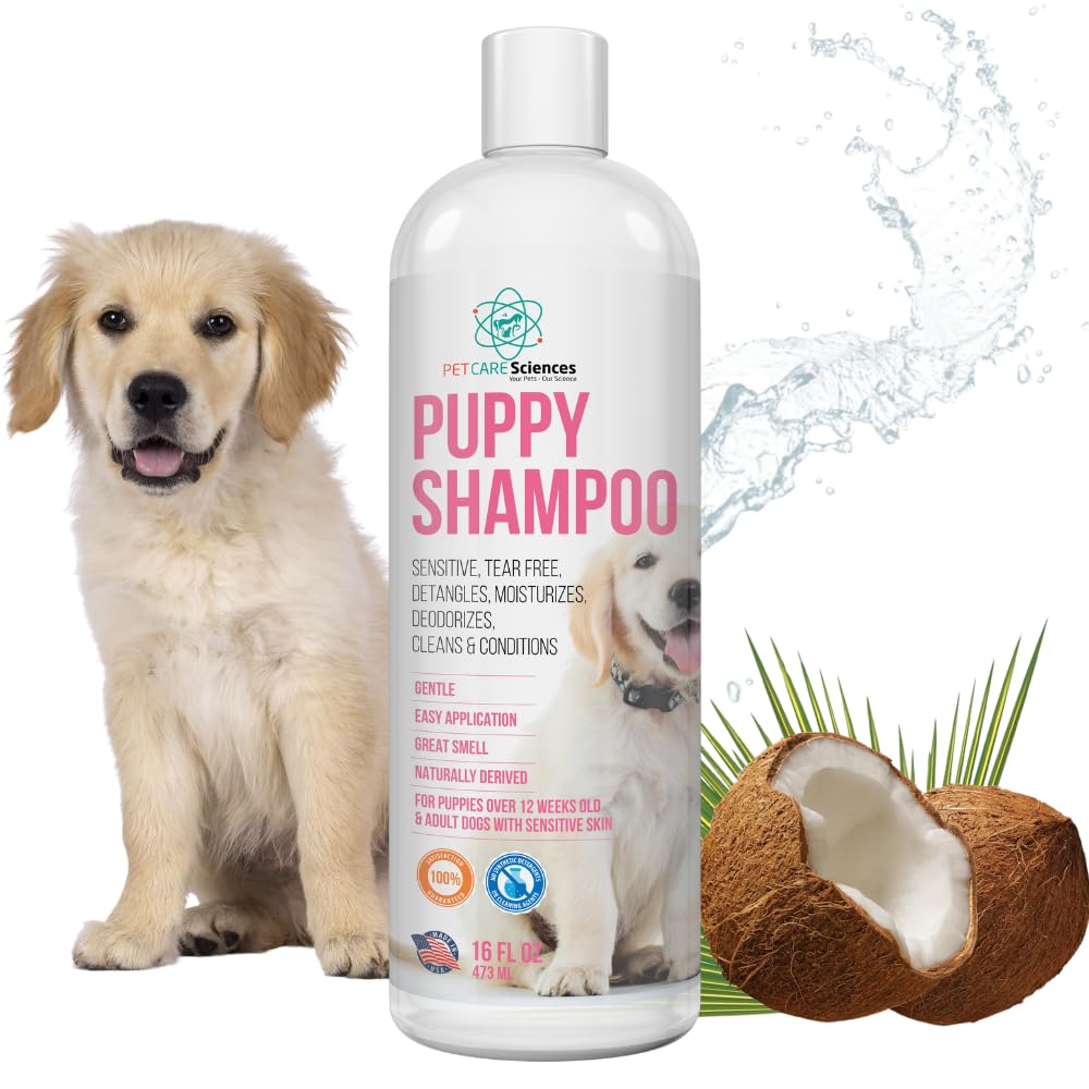 PET CARE Sciences Tearless Puppy Shampoo bottle demonstrates a gentle, tear-free clean for puppies.