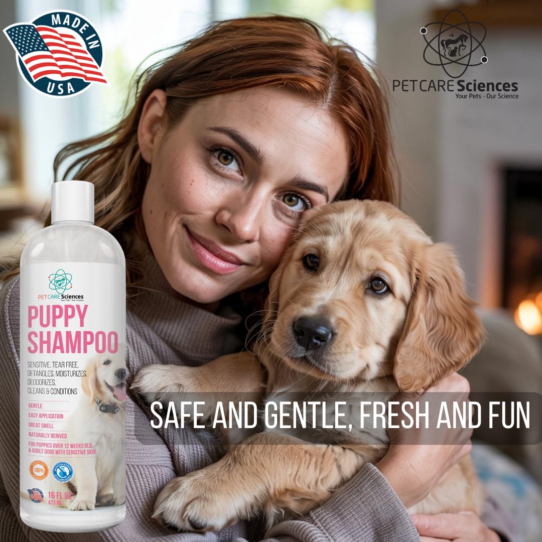 PET CARE Sciences Tearless Puppy Shampoo label highlights oats and coconut oils for skin-friendly care.
