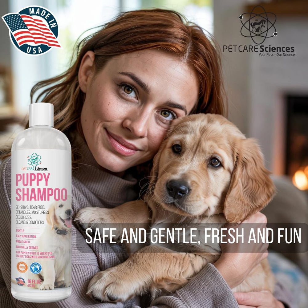 PET CARE Sciences Tearless Puppy Shampoo label highlights oats and coconut oils for skin-friendly care.