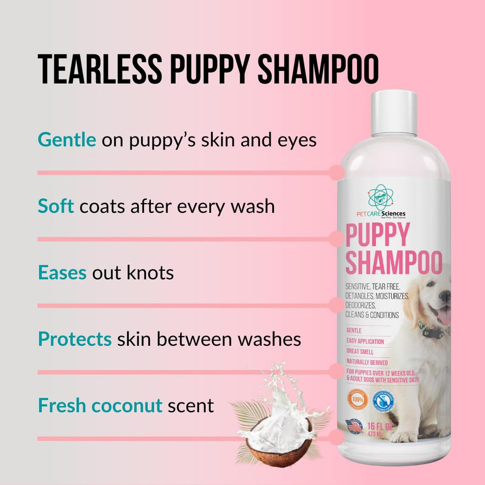 PET CARE Sciences Tearless Puppy Shampoo lather image emphasizes easy bath time and gentle cleansing.