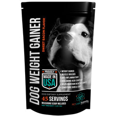 PET CARE Sciences weight gainer bag open for easy scooping to support healthy weight gain