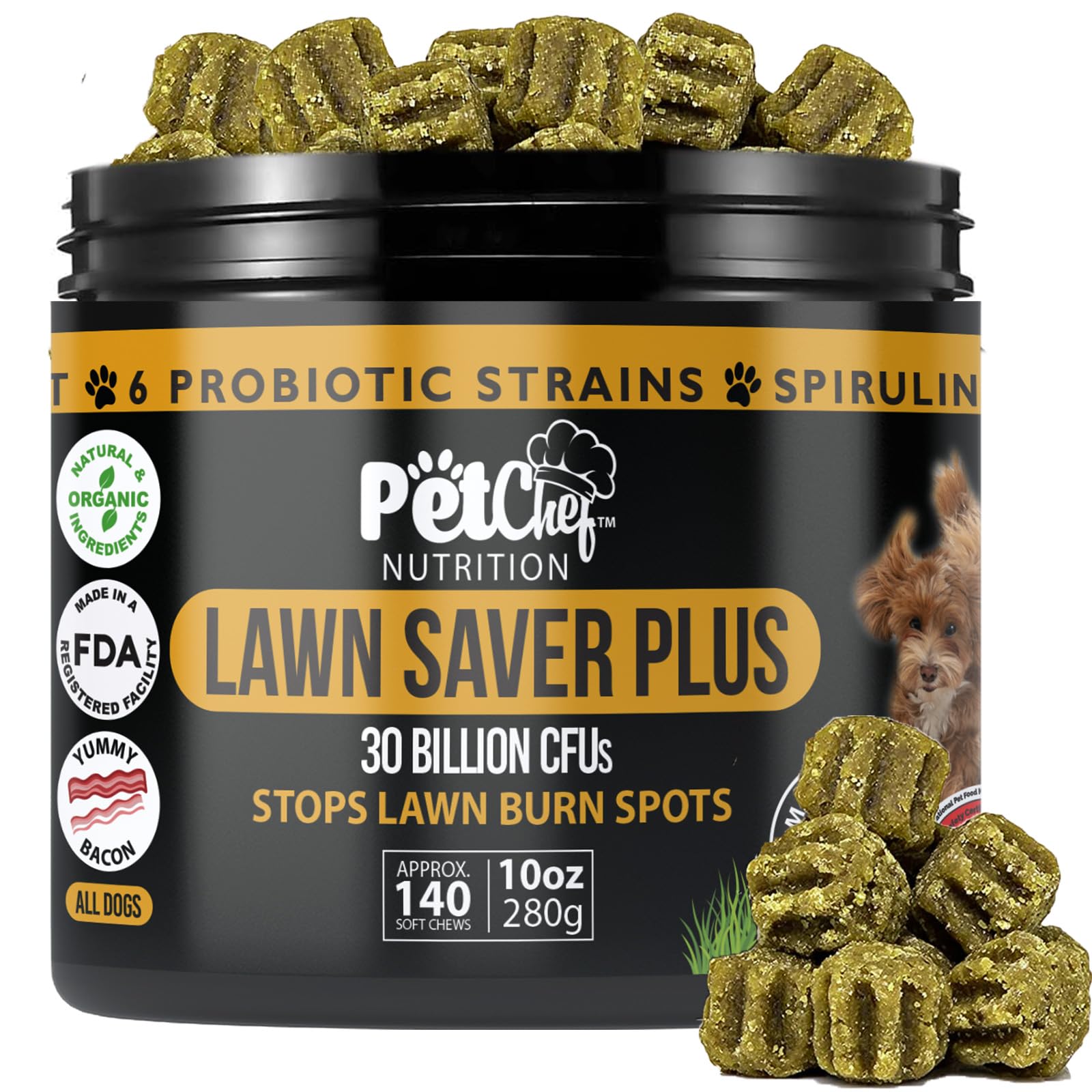 Pet Chef Nutrition dog urine neutralizer bottle shown for lawn protection.