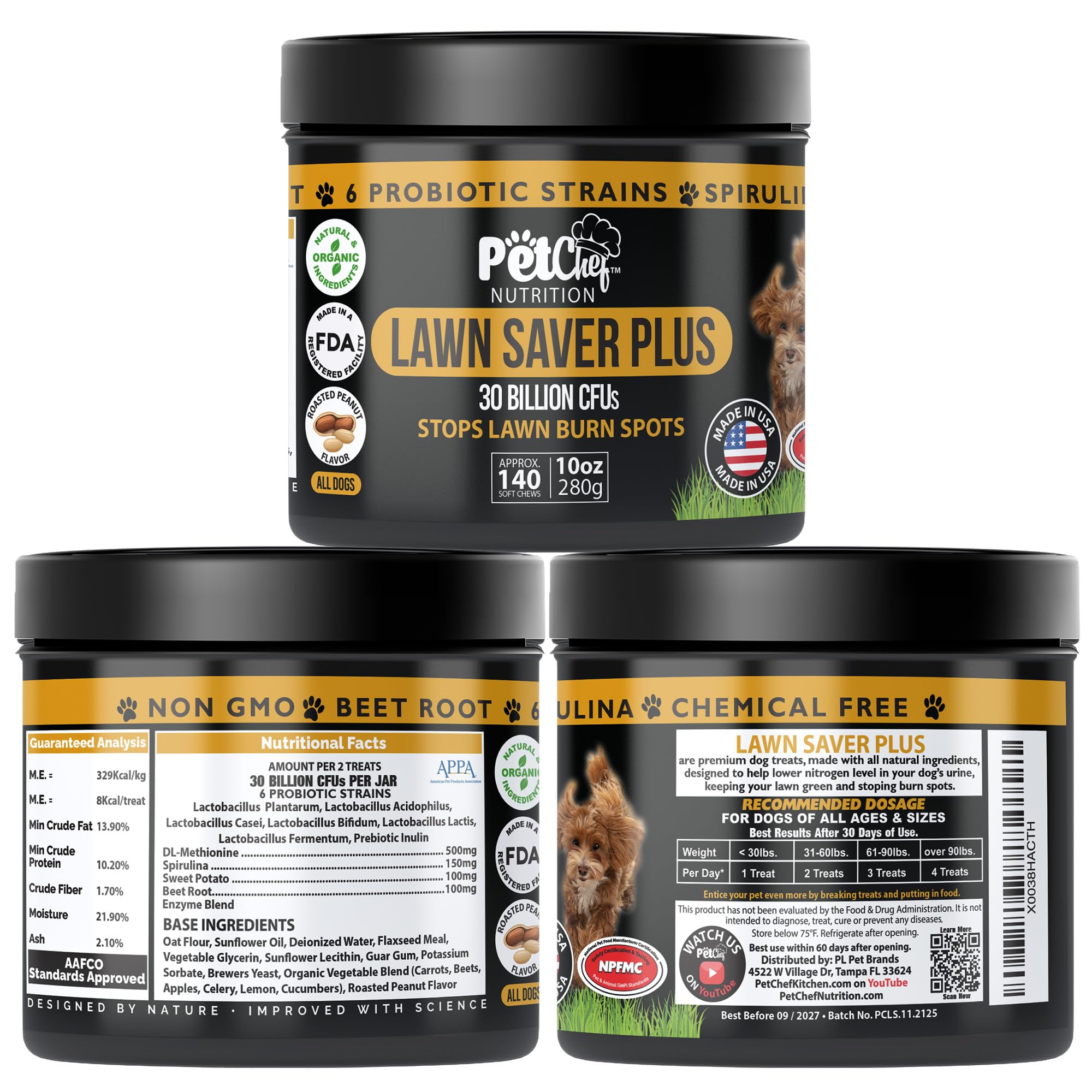 Pet Chef Nutrition dog chews jar front highlighting probiotic support for digestion.