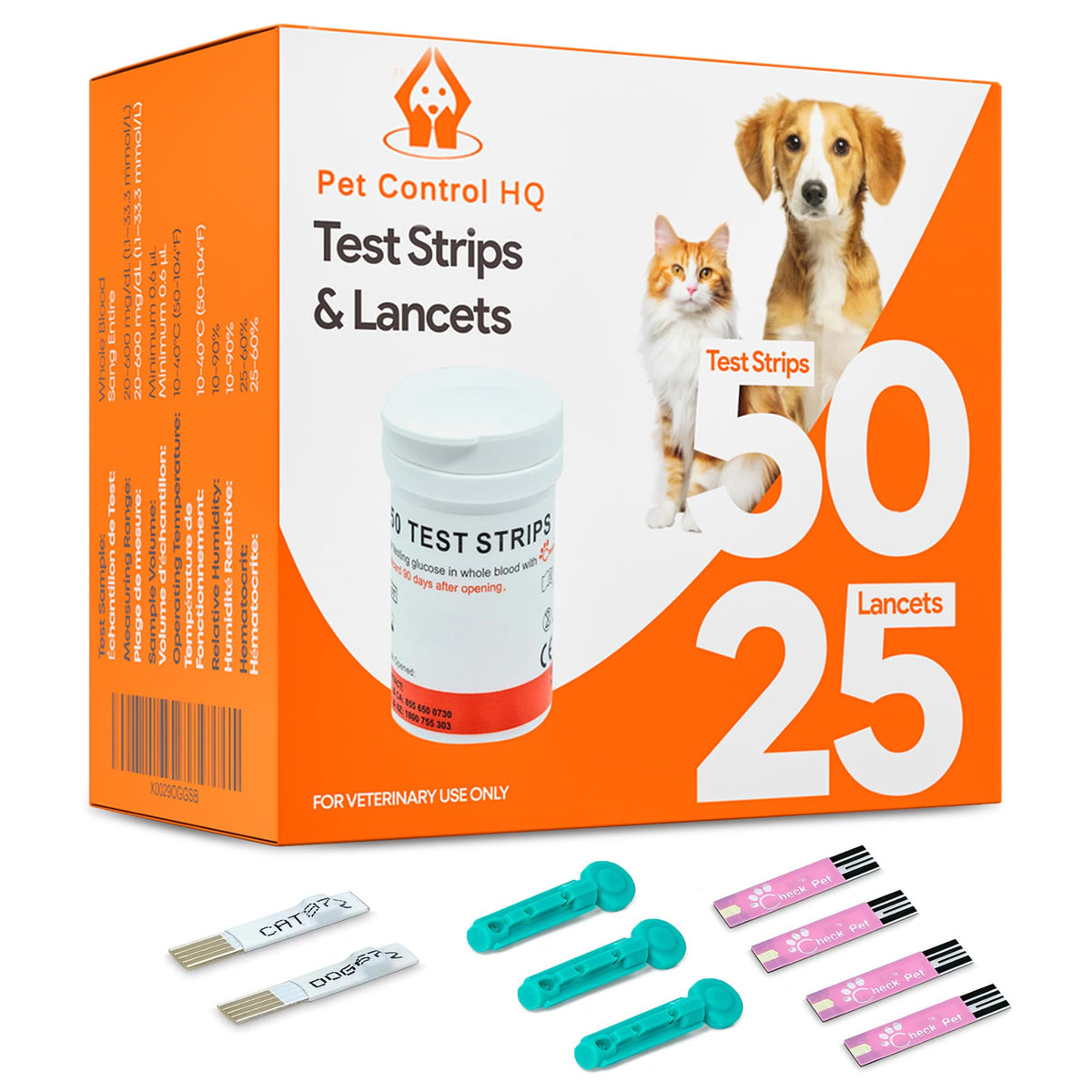 Pet Control HQ glucose test strip closeup—lab-accurate readings from a small blood sample.