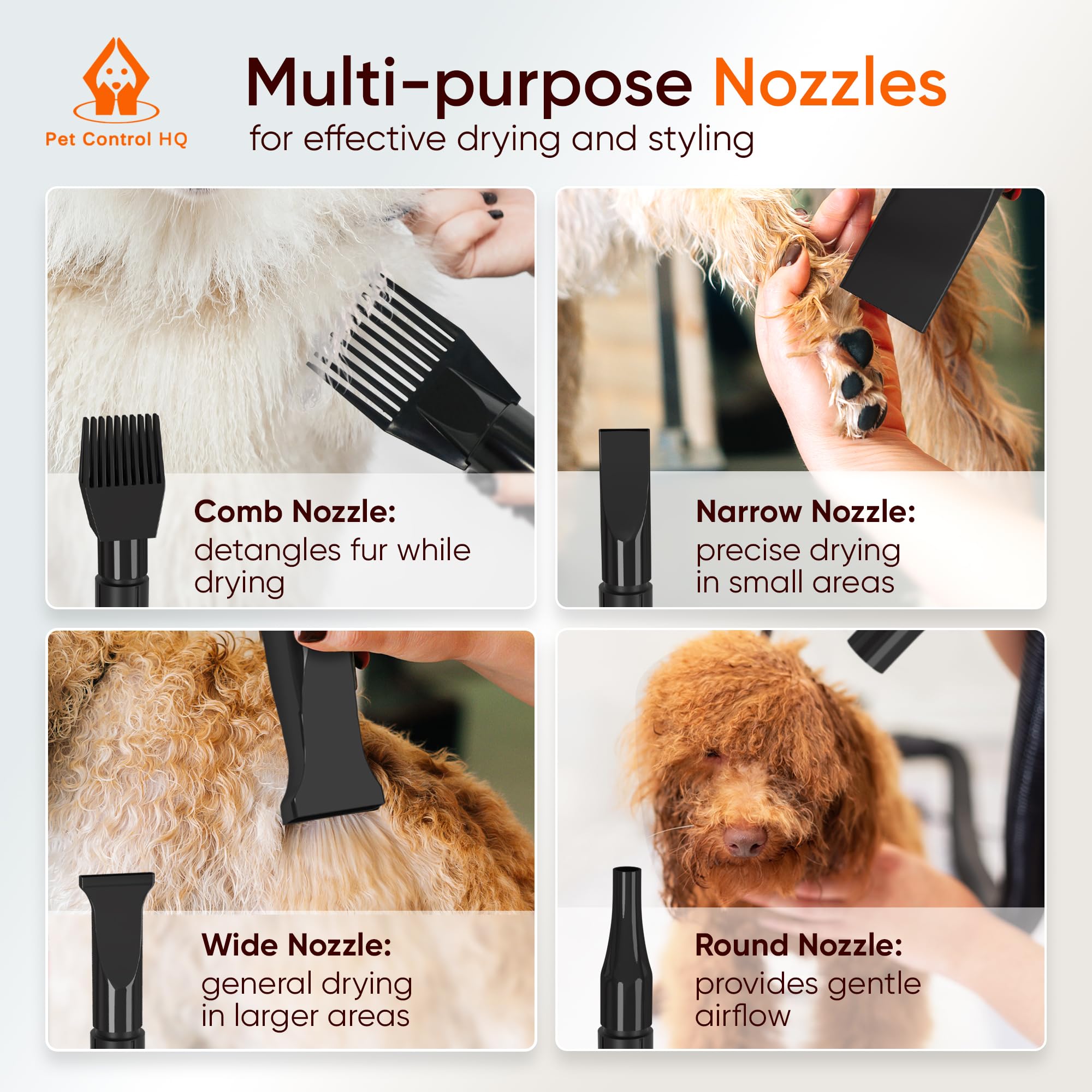 Pet Control HQ concentrator nozzle provides precise airflow for targeted drying.