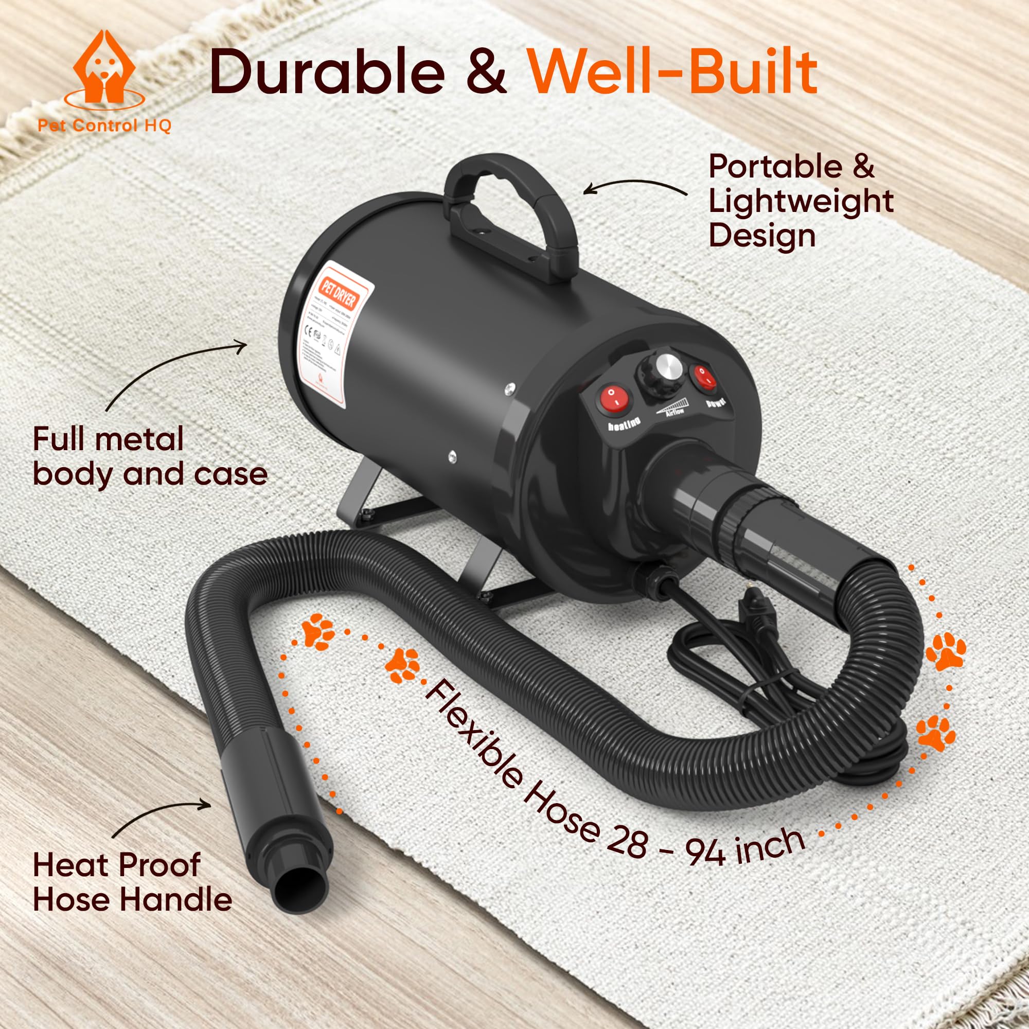 Pet Control HQ high-velocity dryer heat settings tailor warmth for every coat.