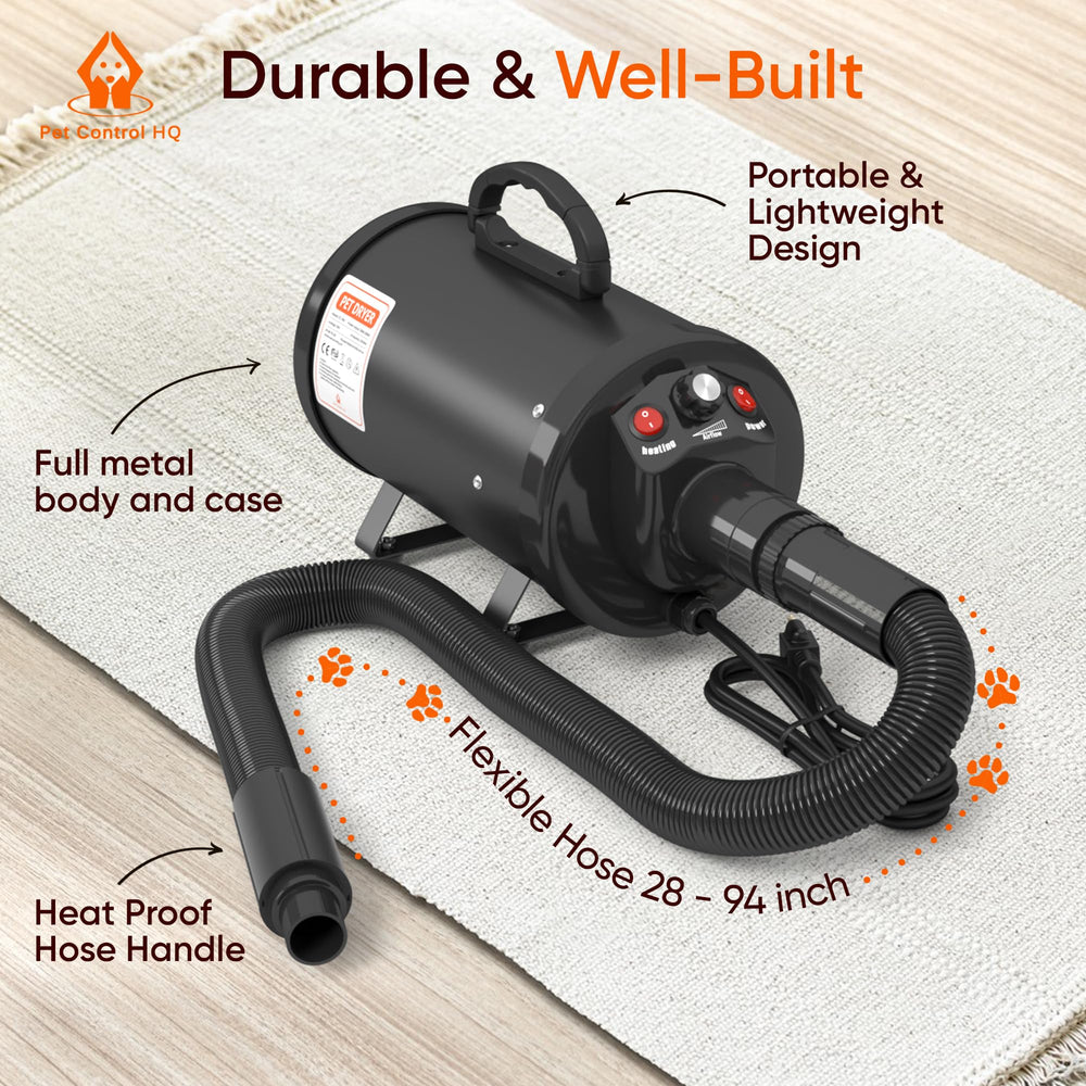 Pet Control HQ high-velocity dryer heat settings tailor warmth for every coat.