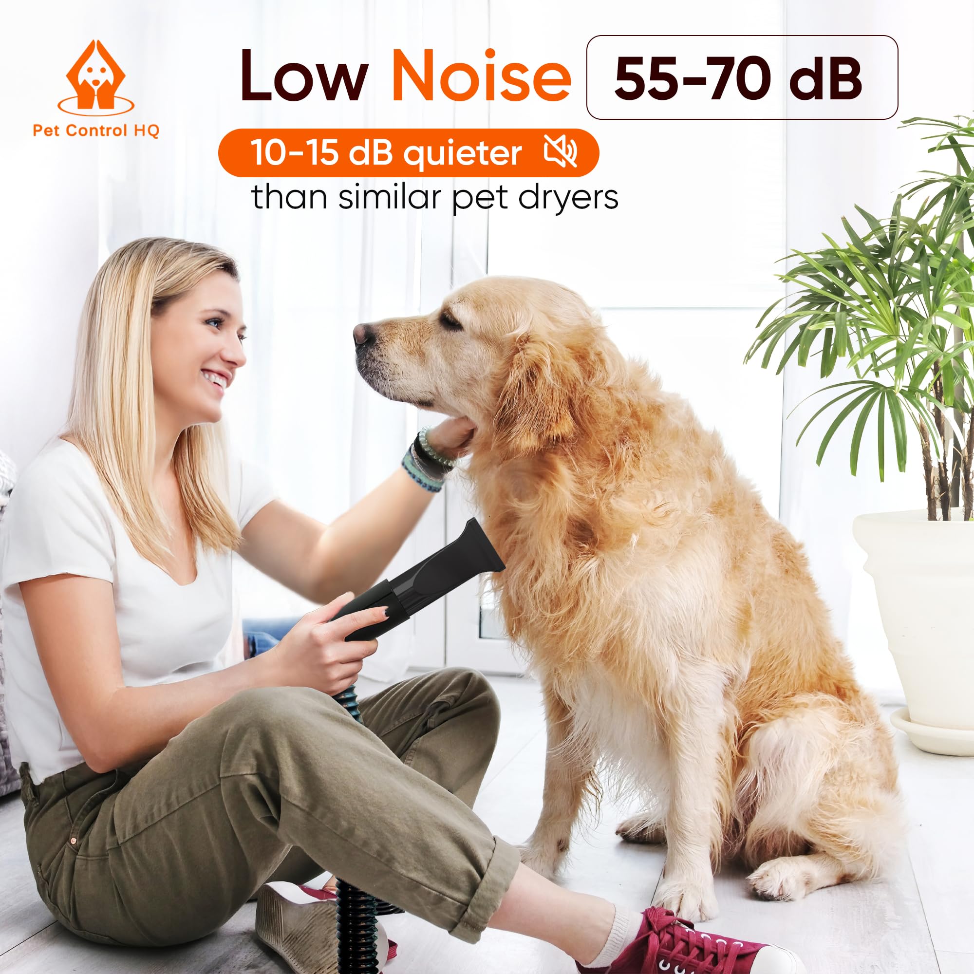 Pet Control HQ high-velocity dryer turbo airflow enables rapid drying and shorter grooming sessions.
