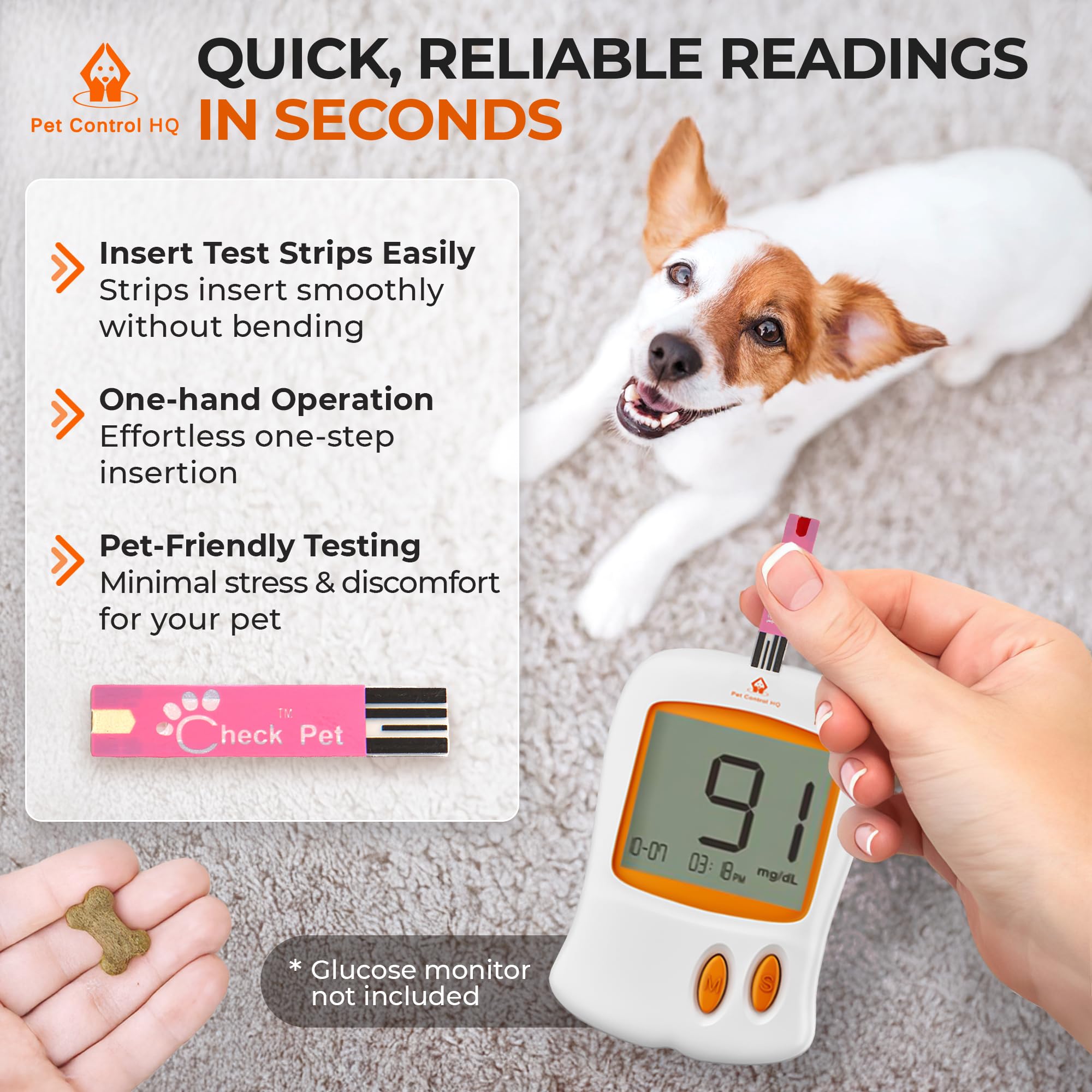 Pet Control HQ test strip in meter—easy insertion supports calm, at-home testing.