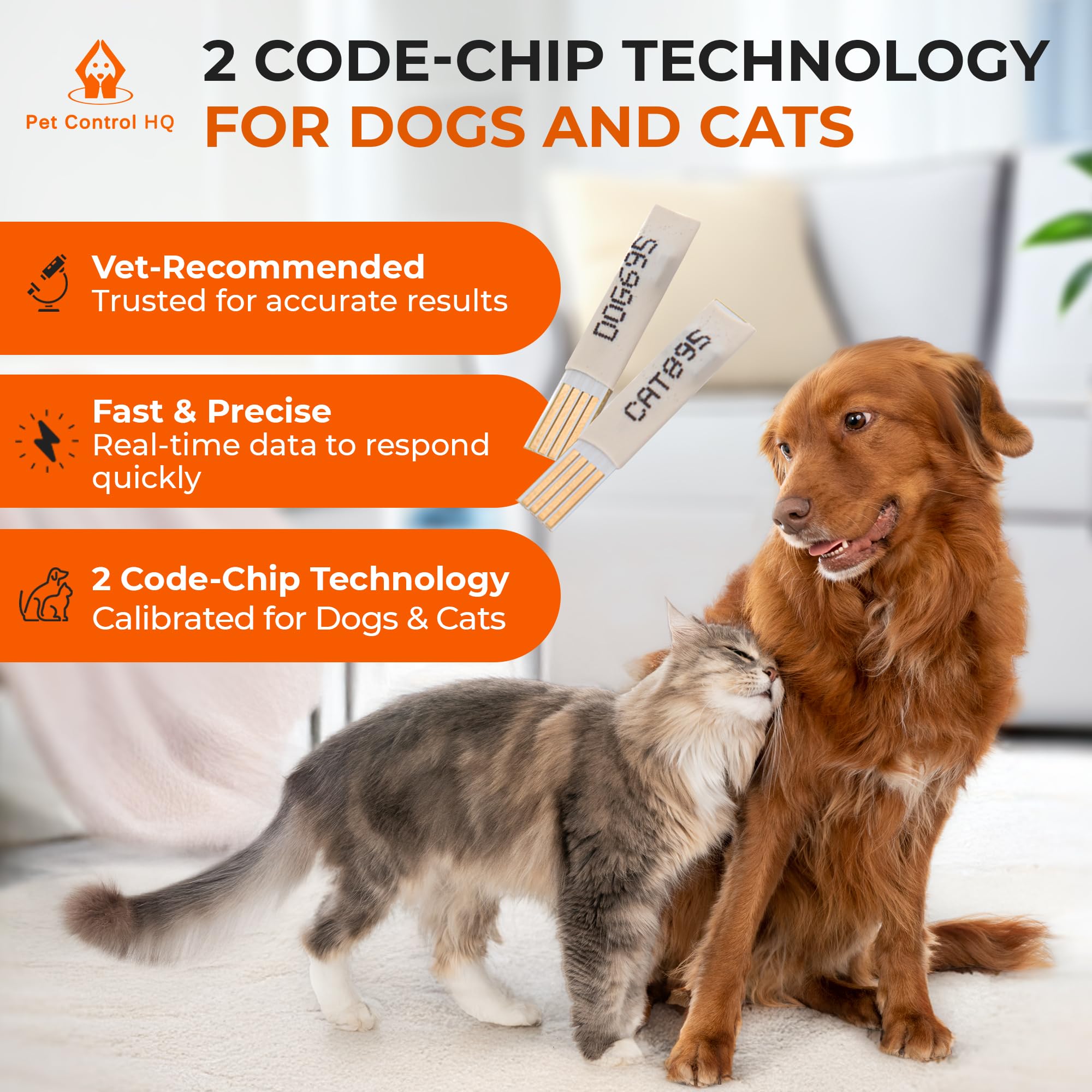 Pet Control HQ two-code-chip diagram—dog and cat calibration for accurate home results.