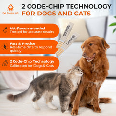 Pet Control HQ two-code-chip diagram—dog and cat calibration for accurate home results.