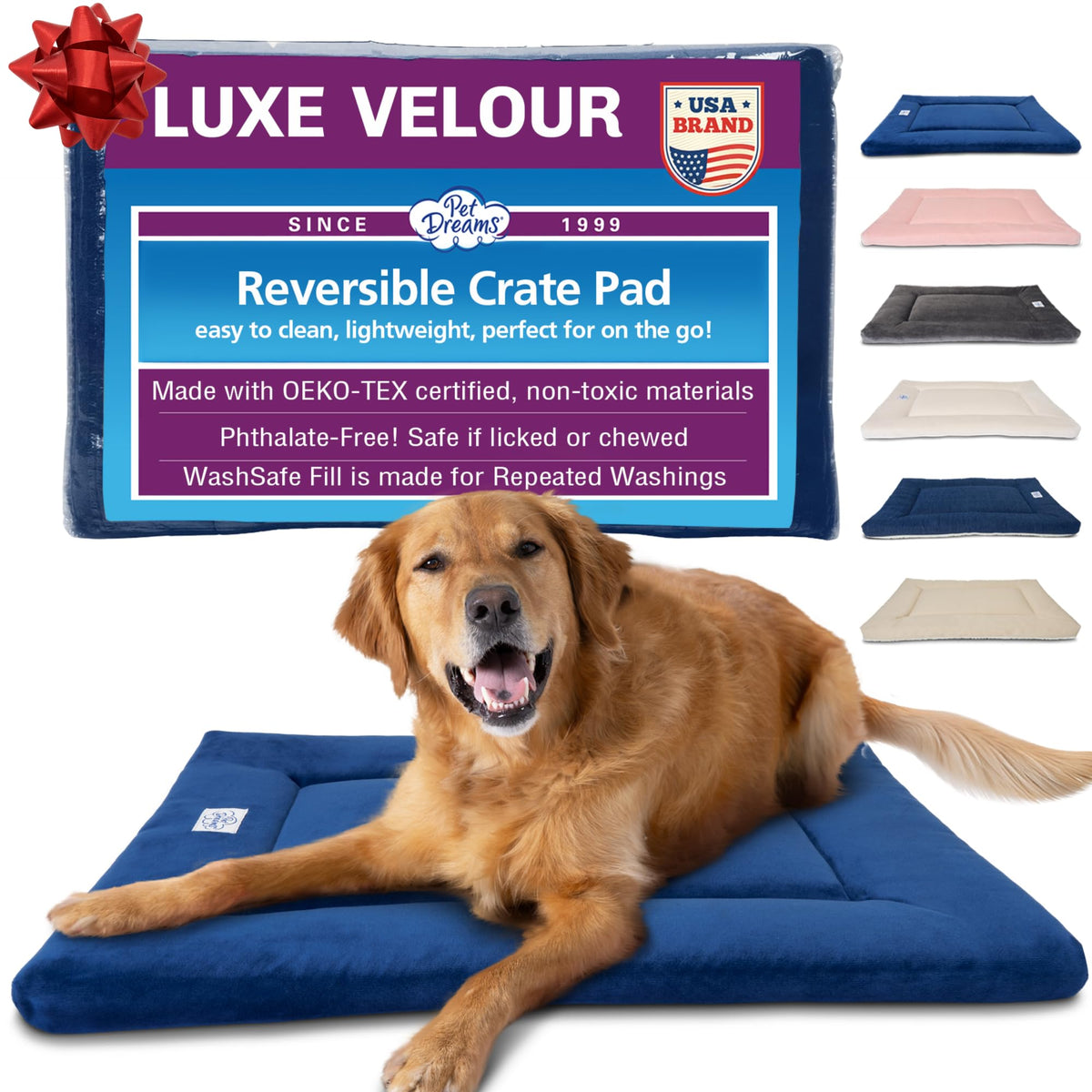 Pet Dreams dog crate pad blue for comfortable crate time.