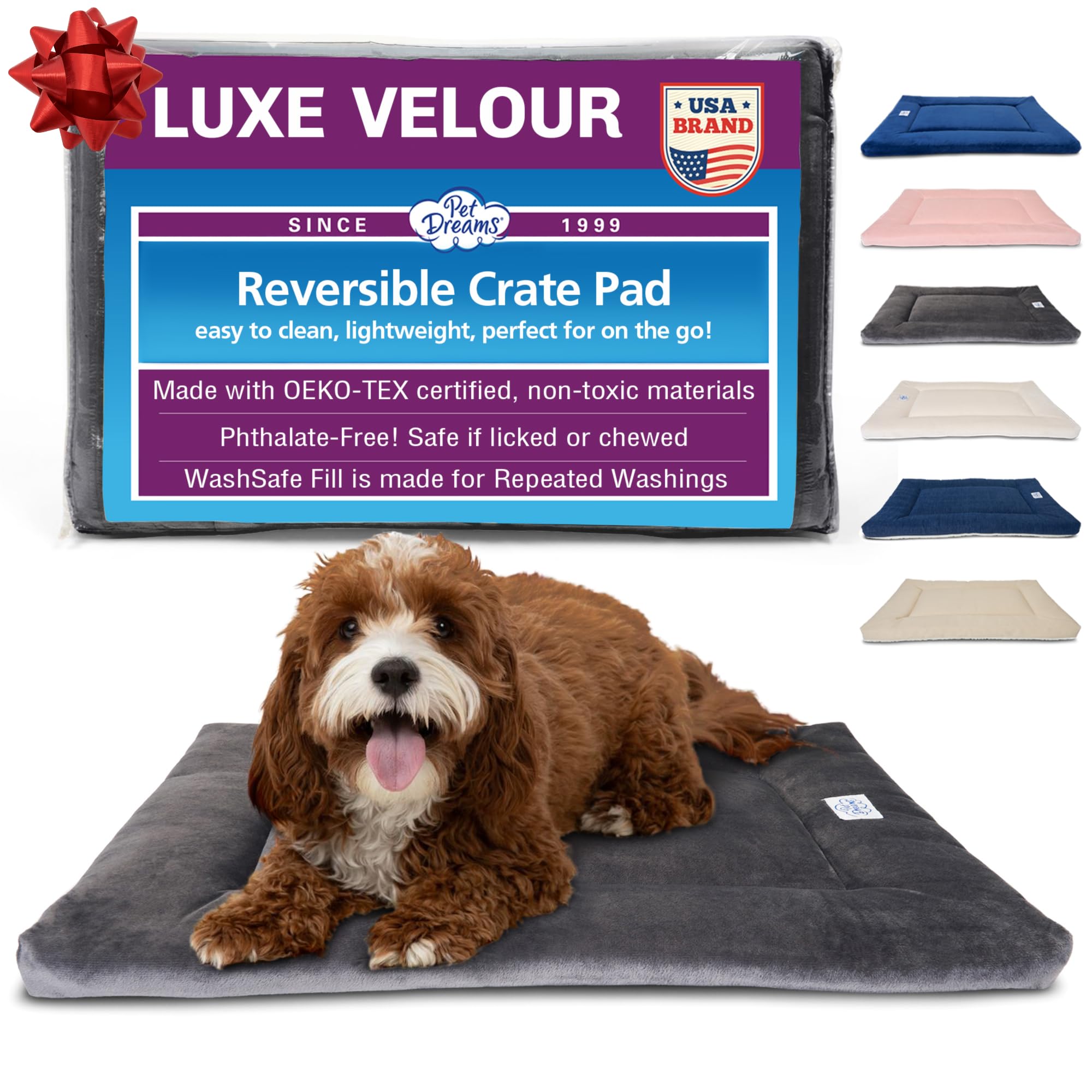 Pet Dreams dog crate pad closeup texture highlights non-toxic fabric for safe resting.