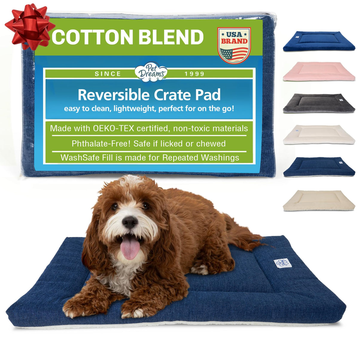 Pet Dreams dog crate pad denim — all-season crate comfort.