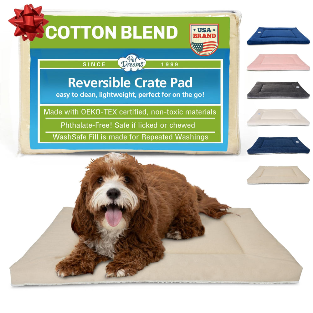 Pet Dreams dog crate pad inside crate offering cozy, non-slip comfort.