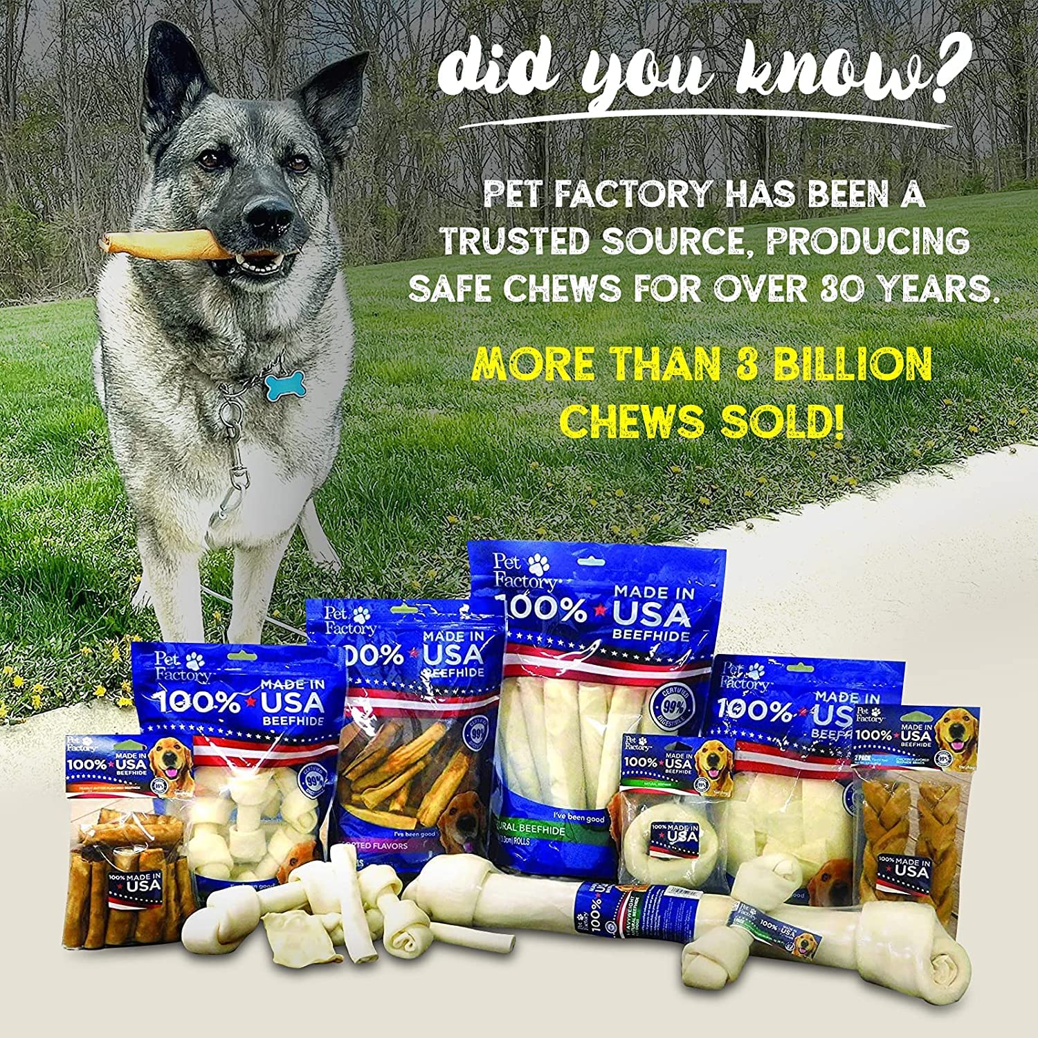 Pet Factory beefhide chip roll natural flavor label communicates flavor and quality