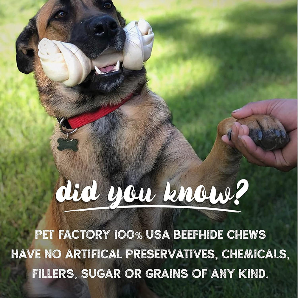 Pet Factory beefhide chip roll packaging back view shows ingredient transparency and safety